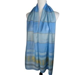 Vintage Thai Silk Elephant Scarf - Aqua Blue Gold Silver Metallic Lge 70x20 EUC